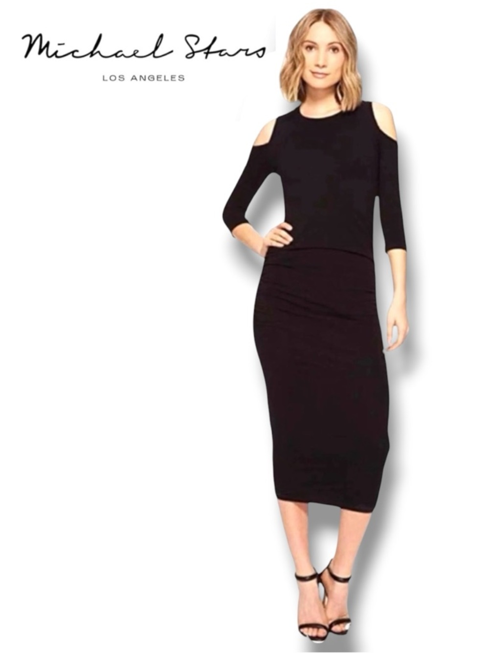 Michael Stars 3/4 Sleeve Cold Shoulder Cut Out Black Ruched Fitted Dress size M